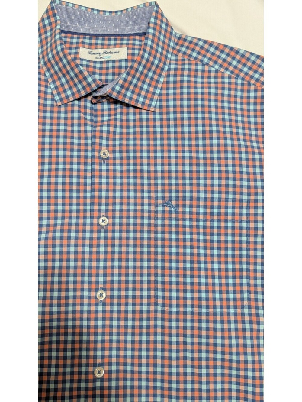 Tommy Bahama IslandZone Mens Large Gingham Button Down Shirt Blue Orange Marlin